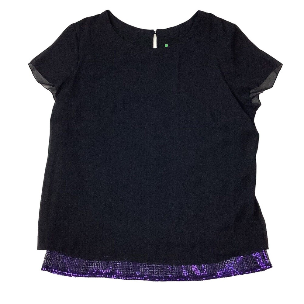 Short Sleeve Blouse Tunic Top Women L Black Purple Sequins Ruffle Hem Whimsigoth